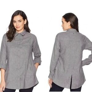 PRANA Aster Shirt Button Up Tunic Hemp Blend Gray Roll Tab Women's Medium